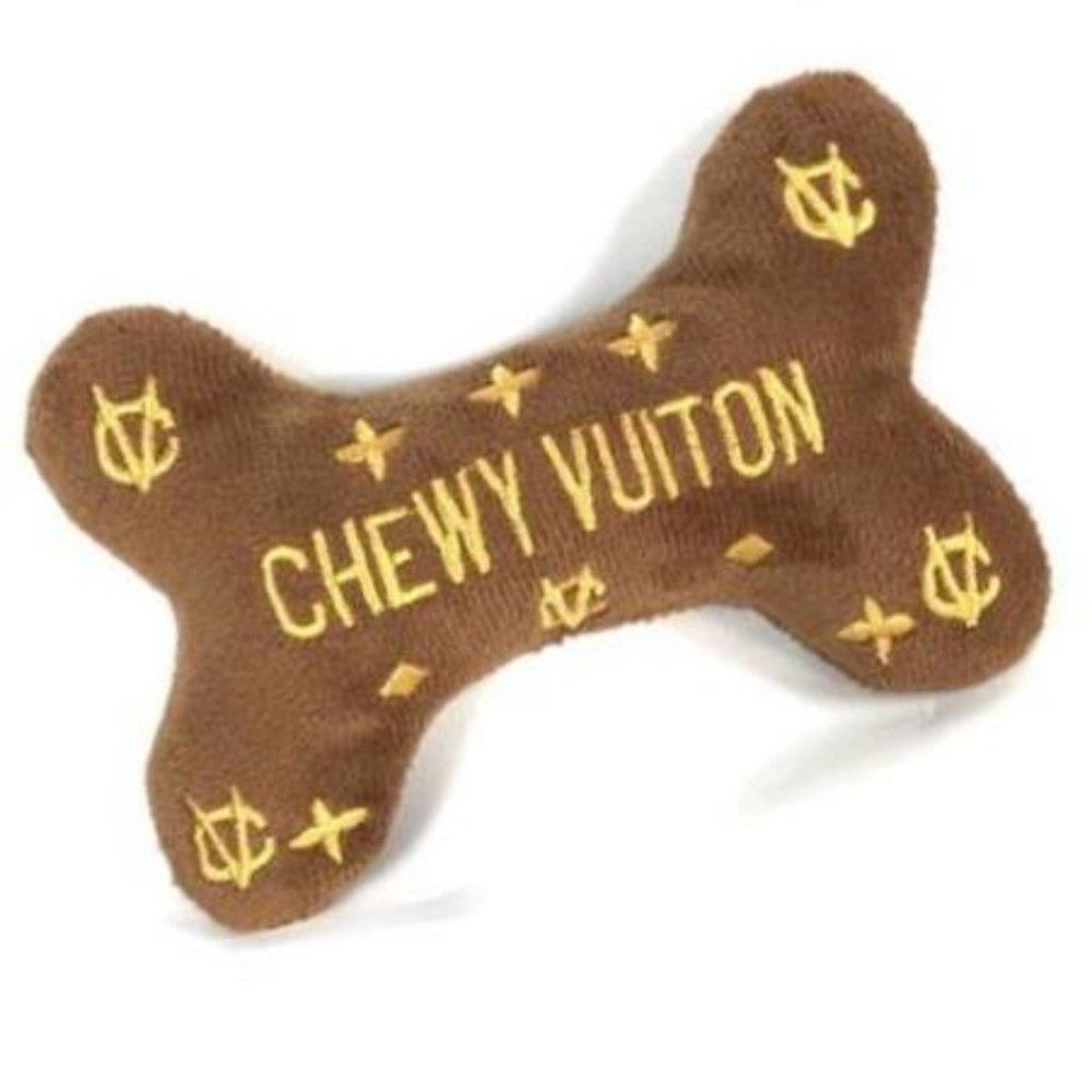 Dog Toy Squeaky Chewy "Chewy Vuiton" Designer Theme Bone Plush w/ Embroi… - Picture 2 of 3